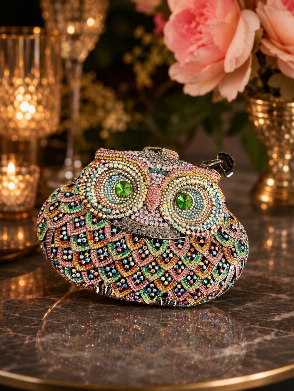 Natasha Couture Rhinestone Crysral Owl Evening Clutch - Multicolor EXCELLENT CON